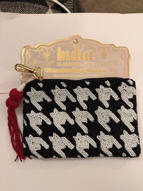 India Wandering Moon  Black & White Beaded Houndstooth Wristlet with Red Tassel